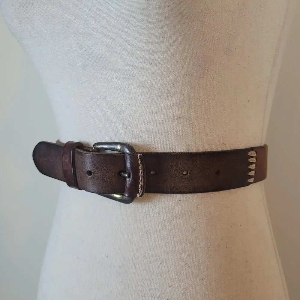 Brown Leather Belt Medium Rustic Stitched Workwear Casual Boho‎ Western Festival